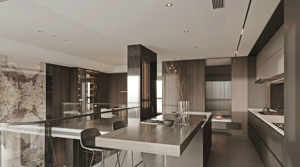 Modern Minimalist Kitchen Neutral Dark Wood Marble