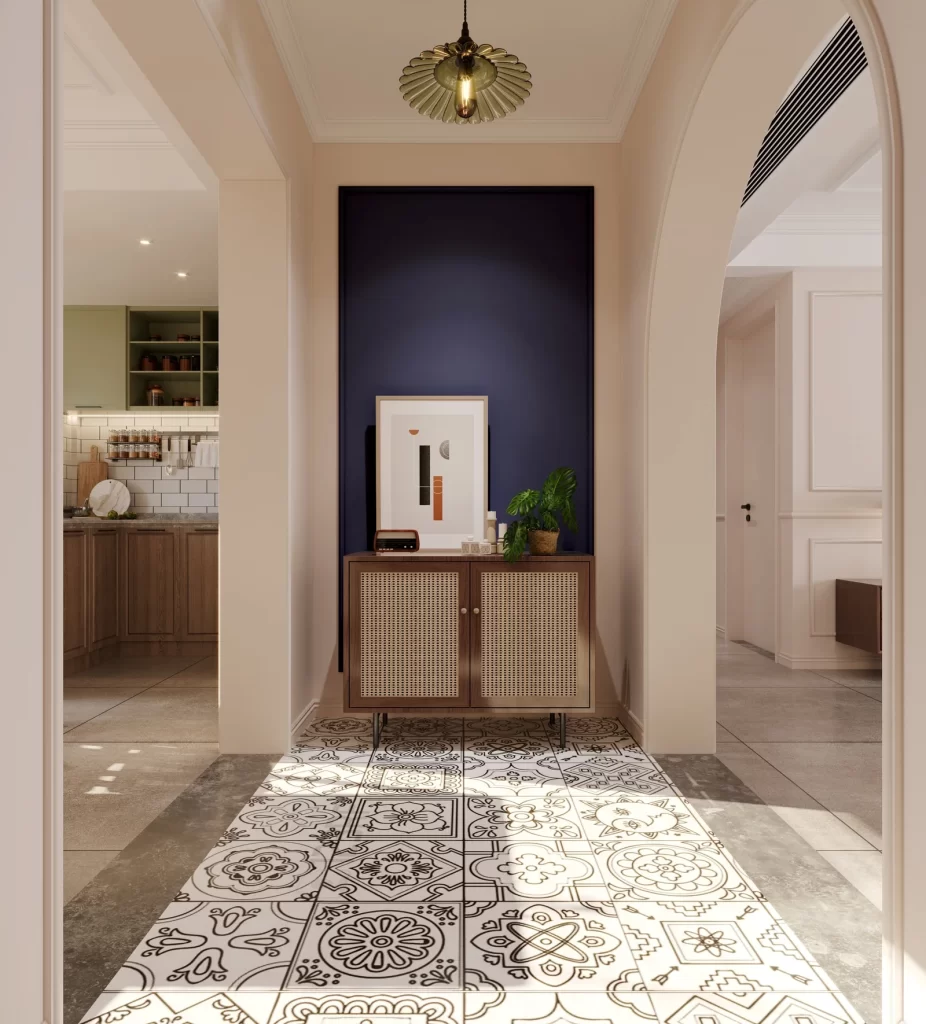 Modern Minimalist Kitchen Patterned Tiles Blue Wall