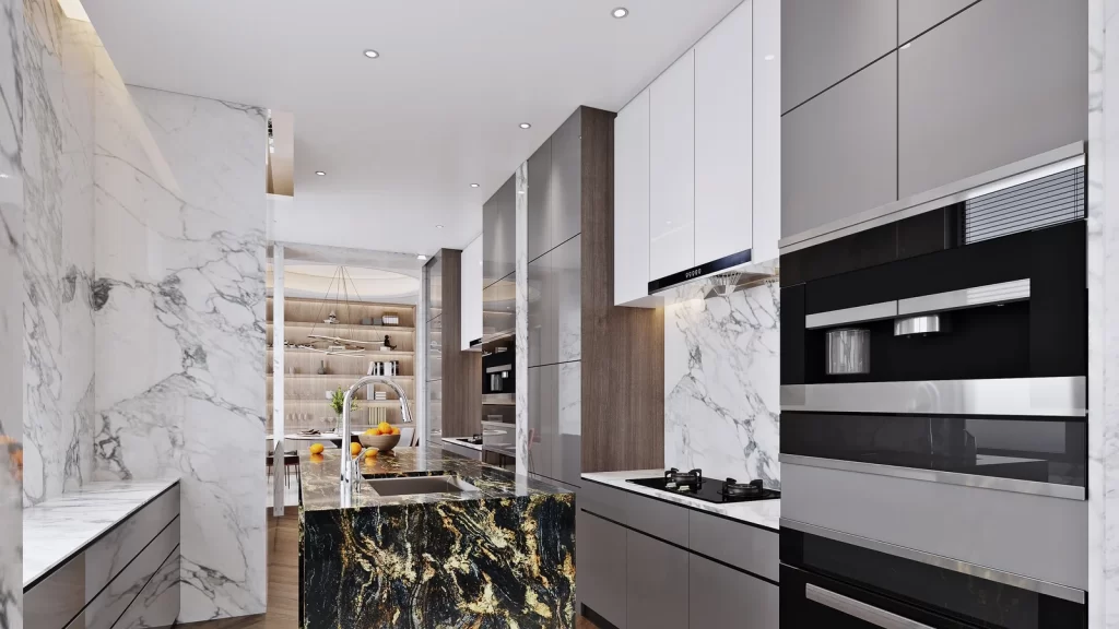 Modern Minimalist Kitchen White Gray Marble