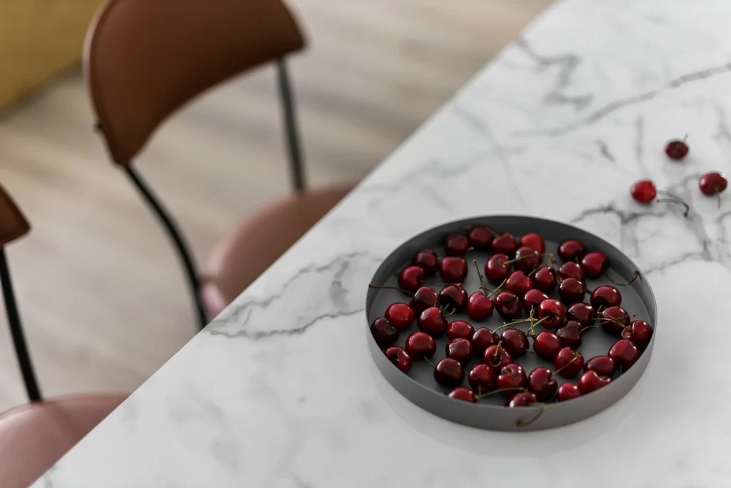 Modern Minimalist Kitchen White Marble Red Cherry