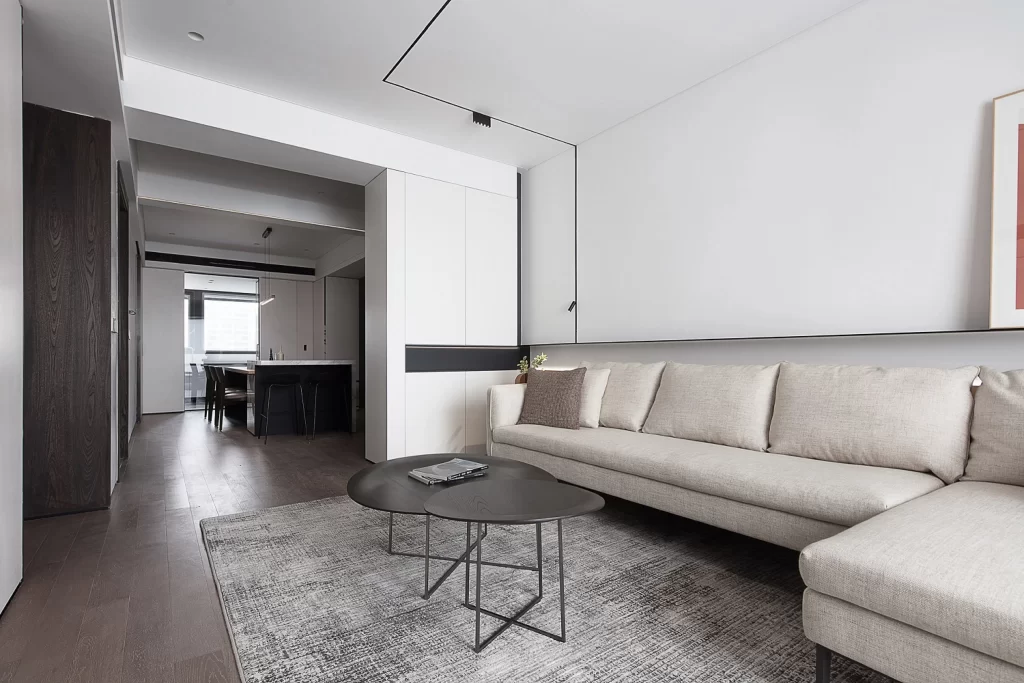 Modern Minimalist Living Room Beige Neutral Dark Wood