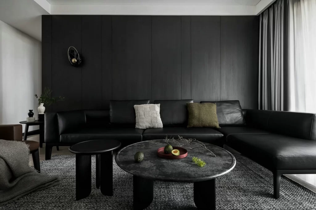 Modern Minimalist Living Room Black Neutral Dark Wood