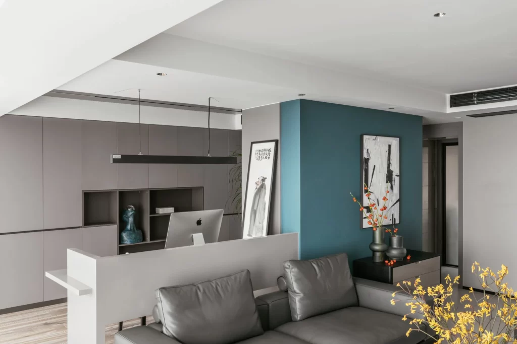 Modern Minimalist Living Room Blue Gray Neutral Black