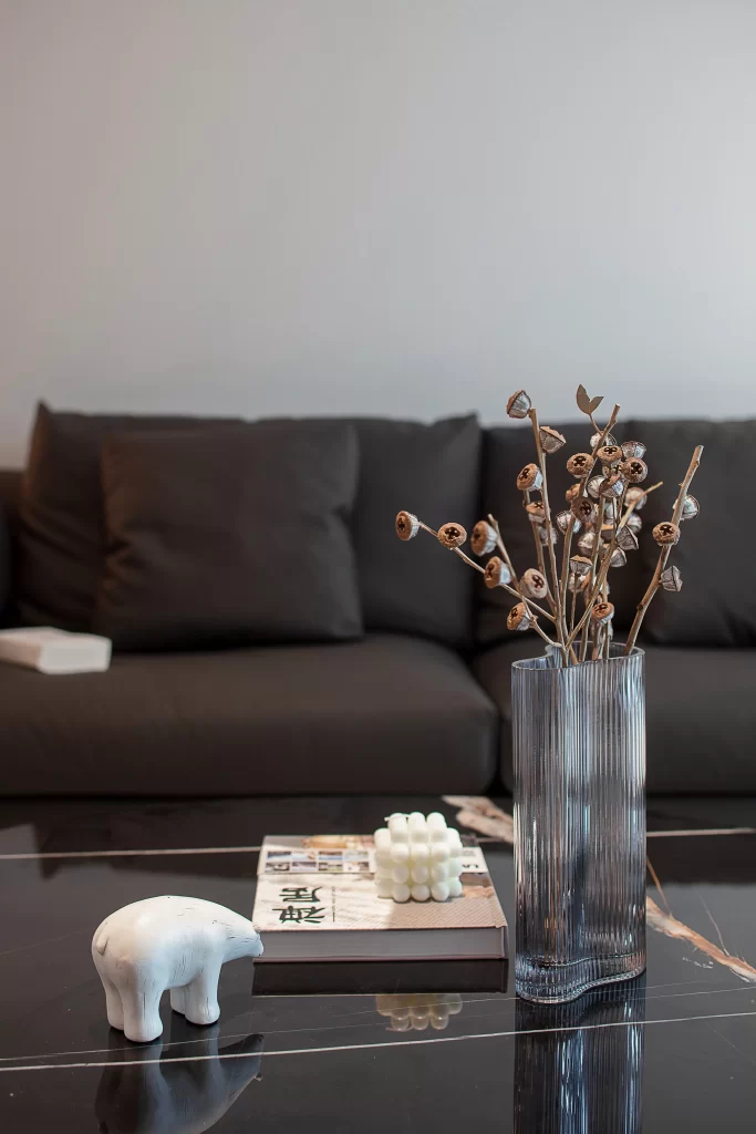 Modern Minimalist Living Room Dark Brown White Neutral Glass
