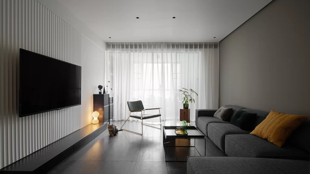 Modern Minimalist Living Room Dark Gray White Neutral Black