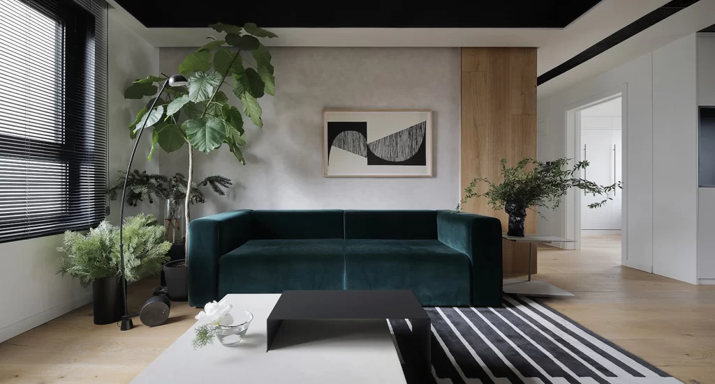 Modern Minimalist Living Room Dark Green Black White Neutral