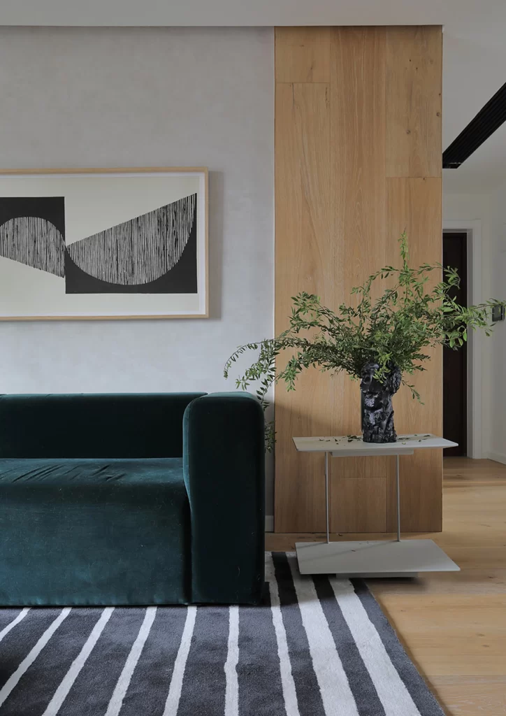 Modern Minimalist Living Room Dark Green White Black Wood