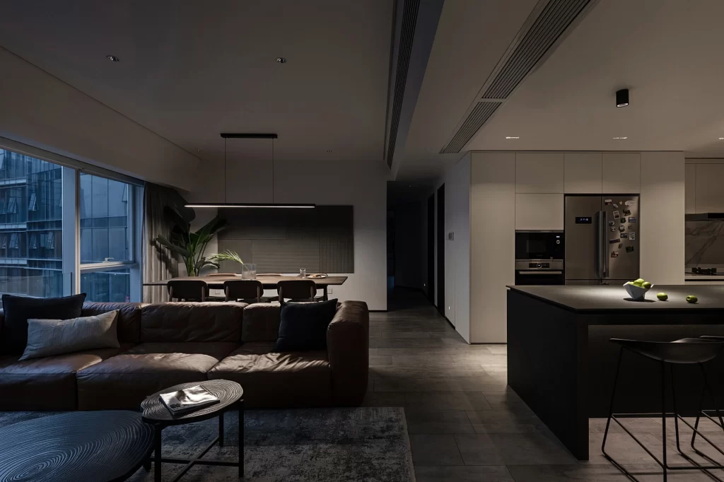 Modern Minimalist Living Room Dark Neutral Black Accents