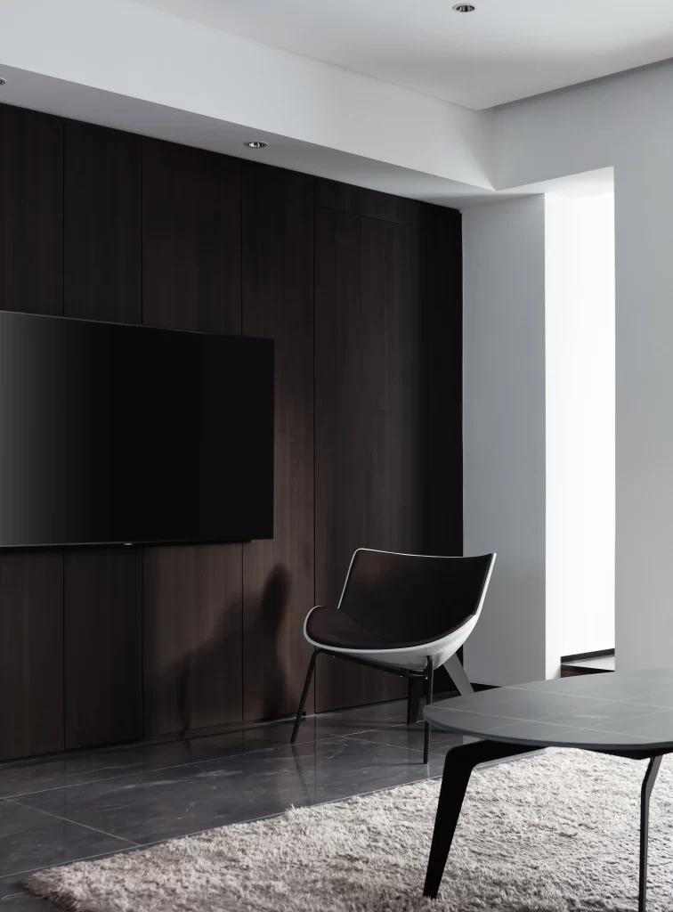 Modern Minimalist Living Room Dark Wood Black White Neutral