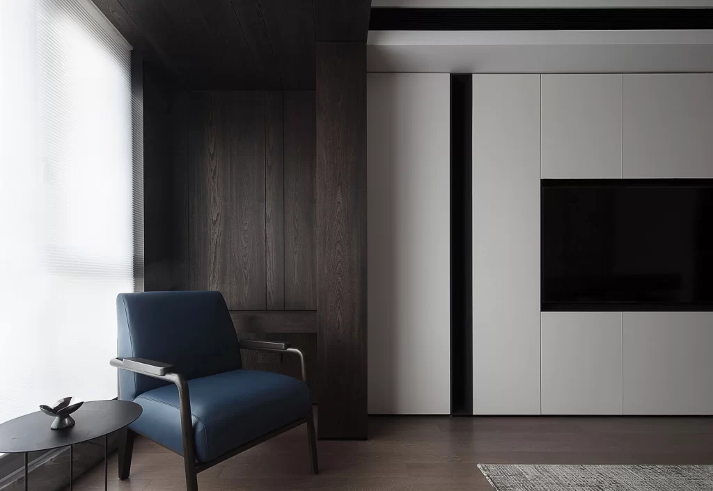 Modern Minimalist Living Room Dark Wood Blue Black White