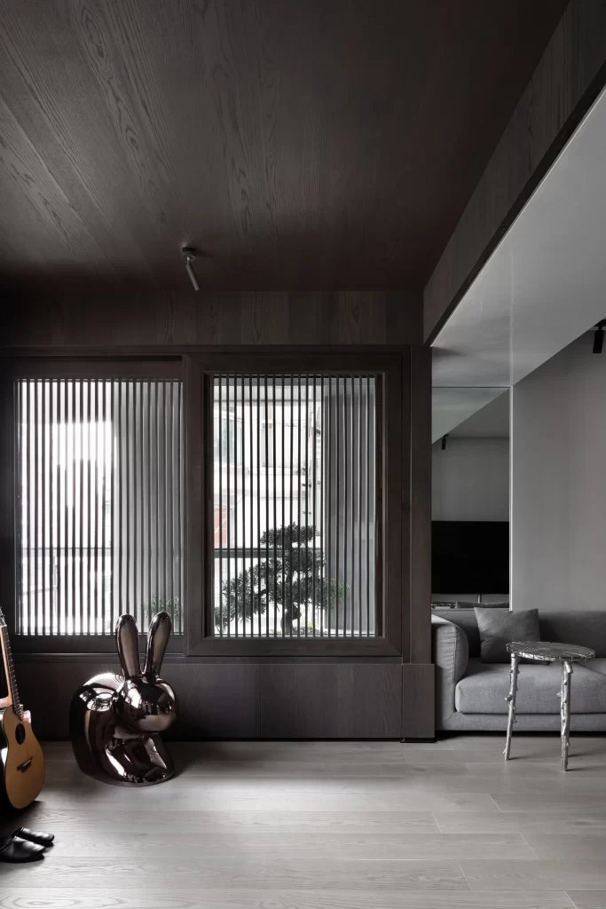 Modern Minimalist Living Room Dark Wood Neutral Tones Large Windows