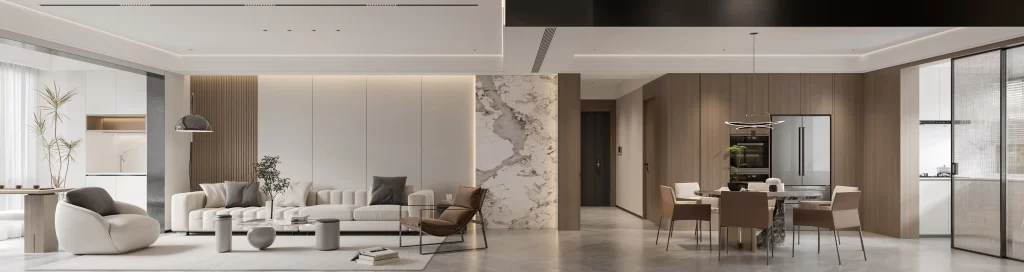 Modern Minimalist Living Room Dining Room Neutral White Gray