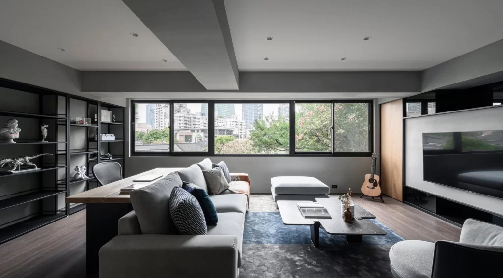 Modern Minimalist Living Room Grey Neutral Dark Wood