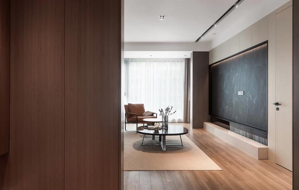 Modern Minimalist Living Room Neutral Beige Dark Wood