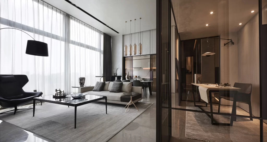 Modern Minimalist Living Room Neutral Black Grey Glass