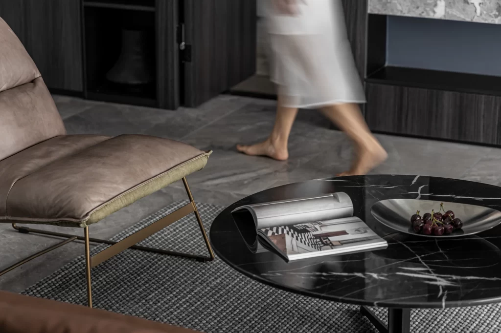 Modern Minimalist Living Room Neutral Dark Marble Soft Textures