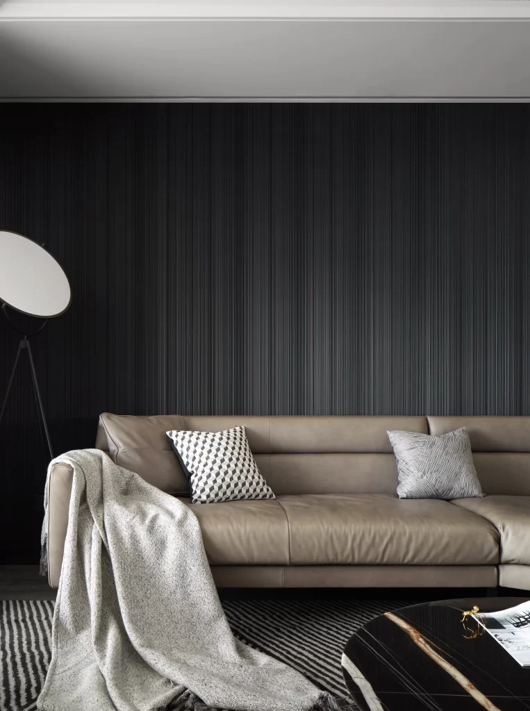 Modern Minimalist Living Room Neutral Dark Wall Beige Sofa Patterned Rug