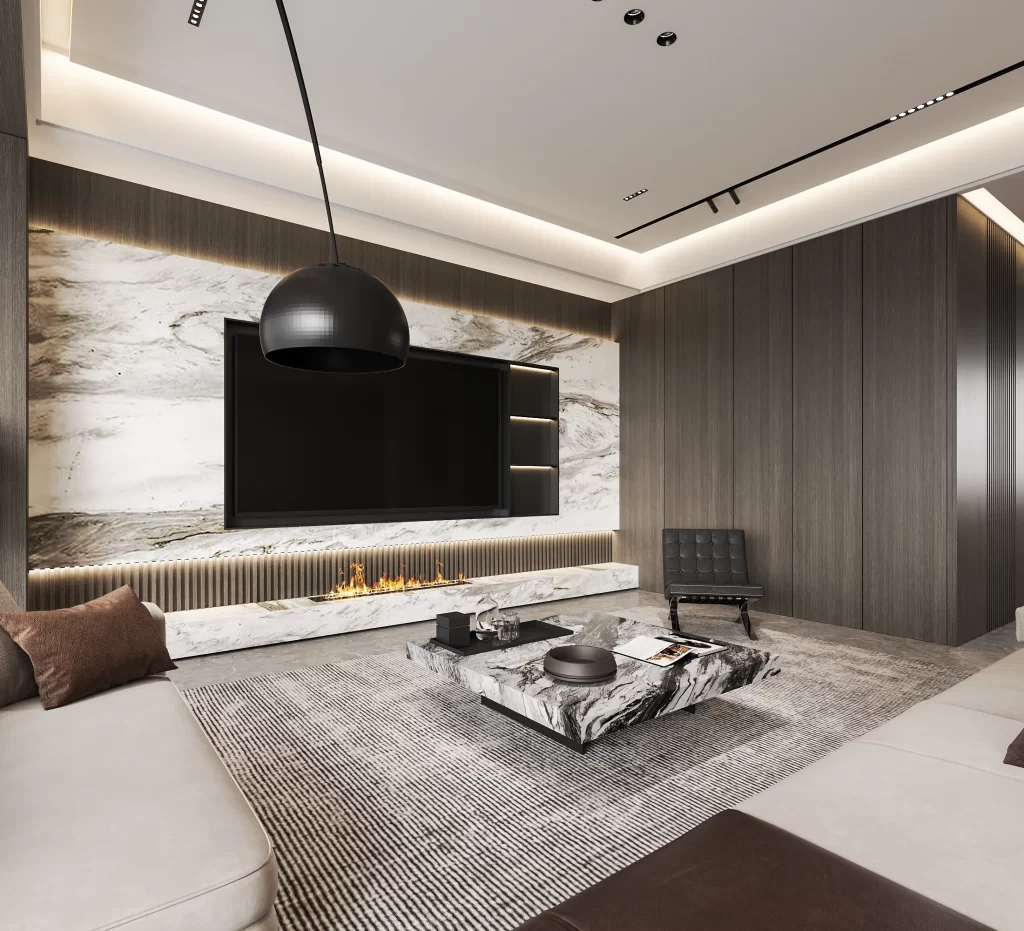 Modern Minimalist Living Room Neutral Dark Wood Marble