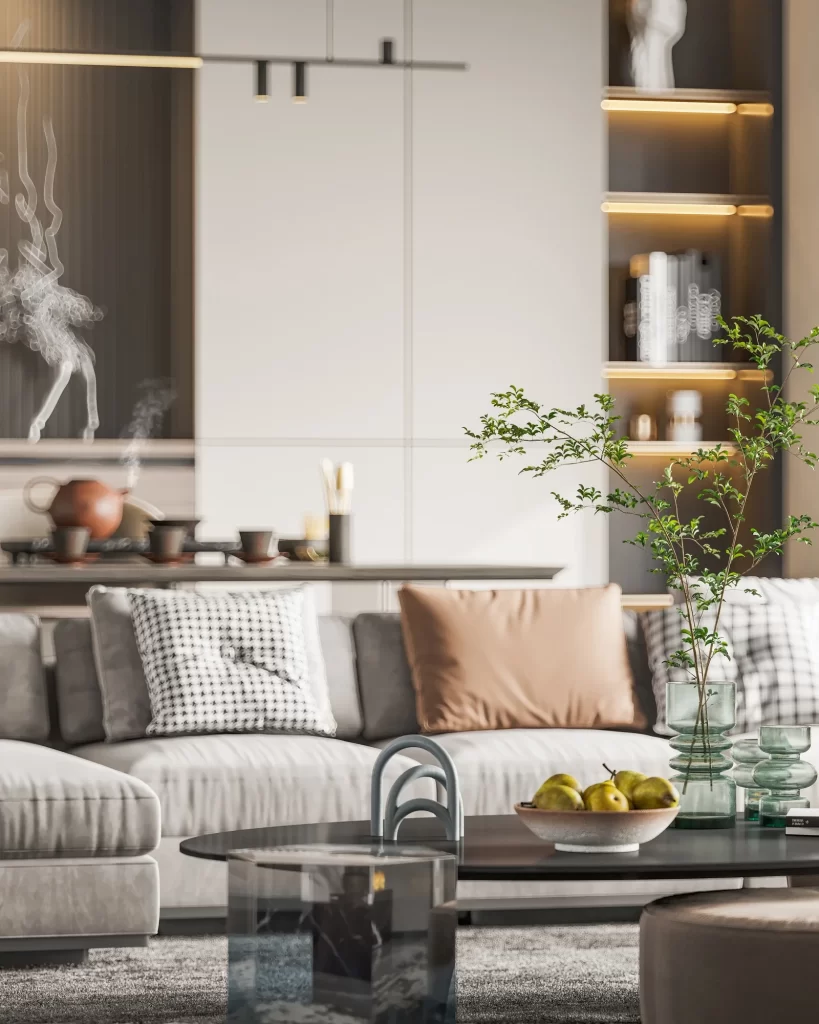 Modern Minimalist Living Room Neutral Gray Greenery