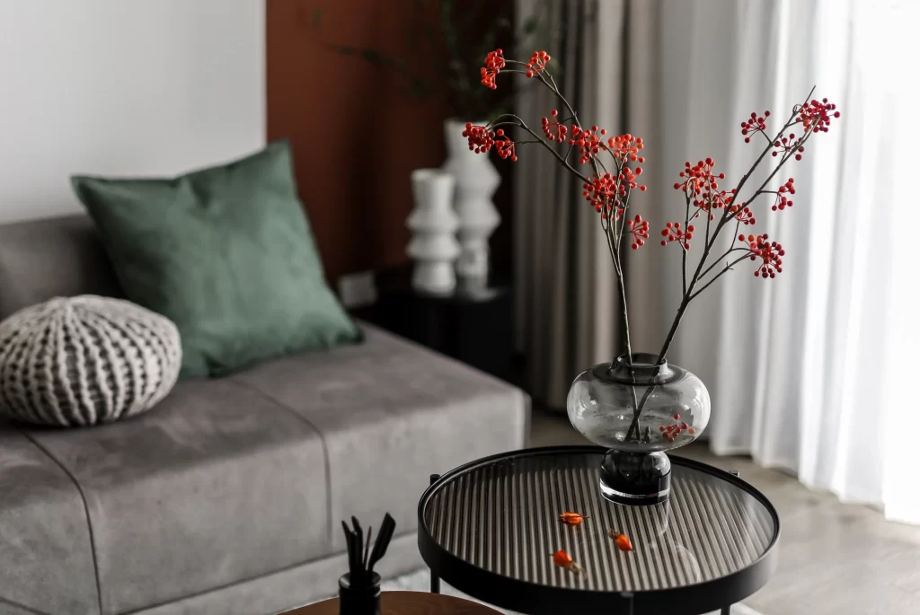Modern Minimalist Living Room Neutral Grey Green Red