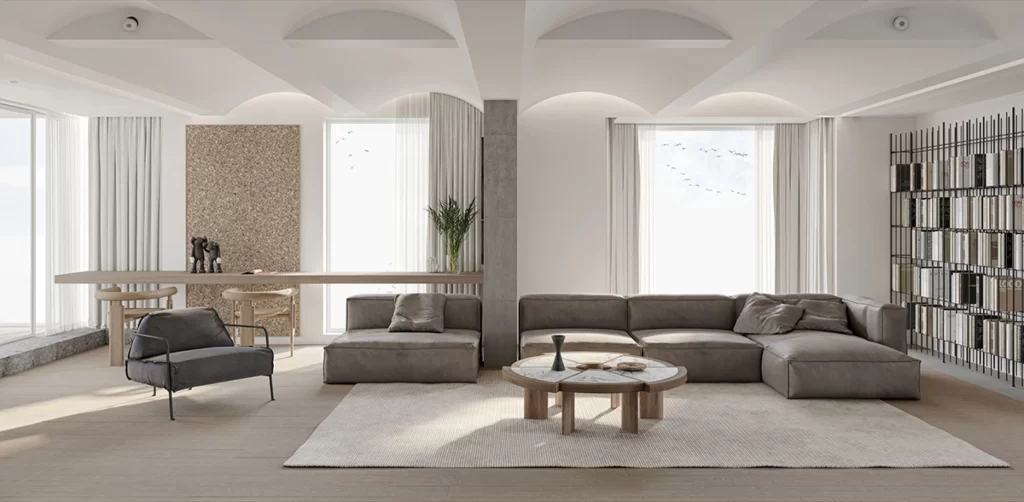 Modern Minimalist Living Room Neutral Light Grey Soft Textures Large Windows