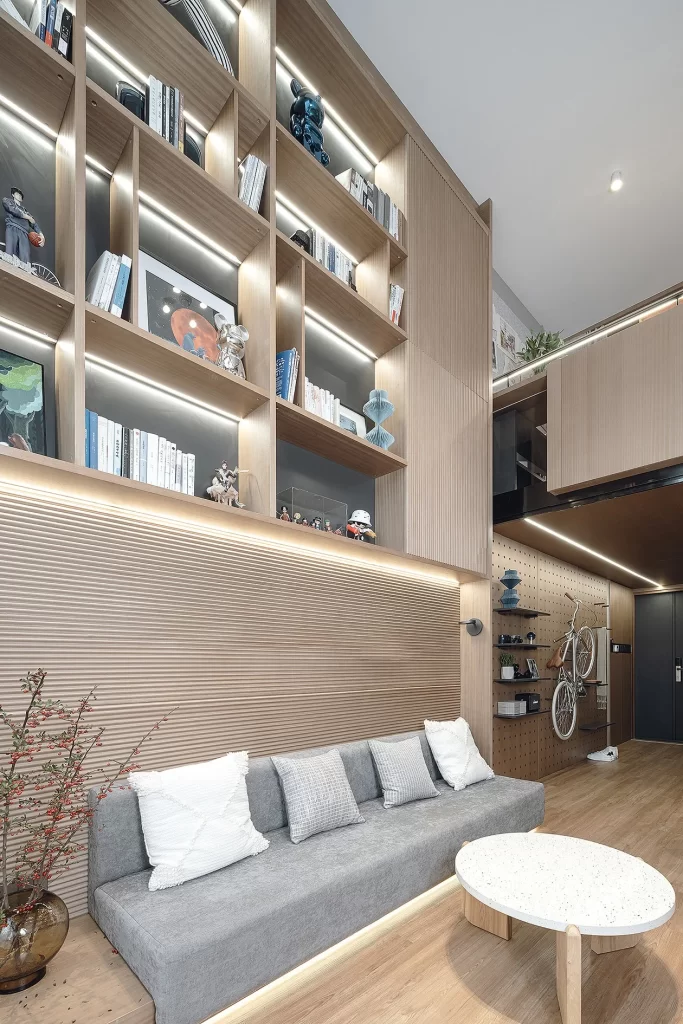 Modern Minimalist Living Room Neutral Light Wood Dark Accents
