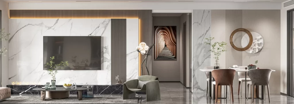 Modern Minimalist Living Room Neutral Marble Black Wood