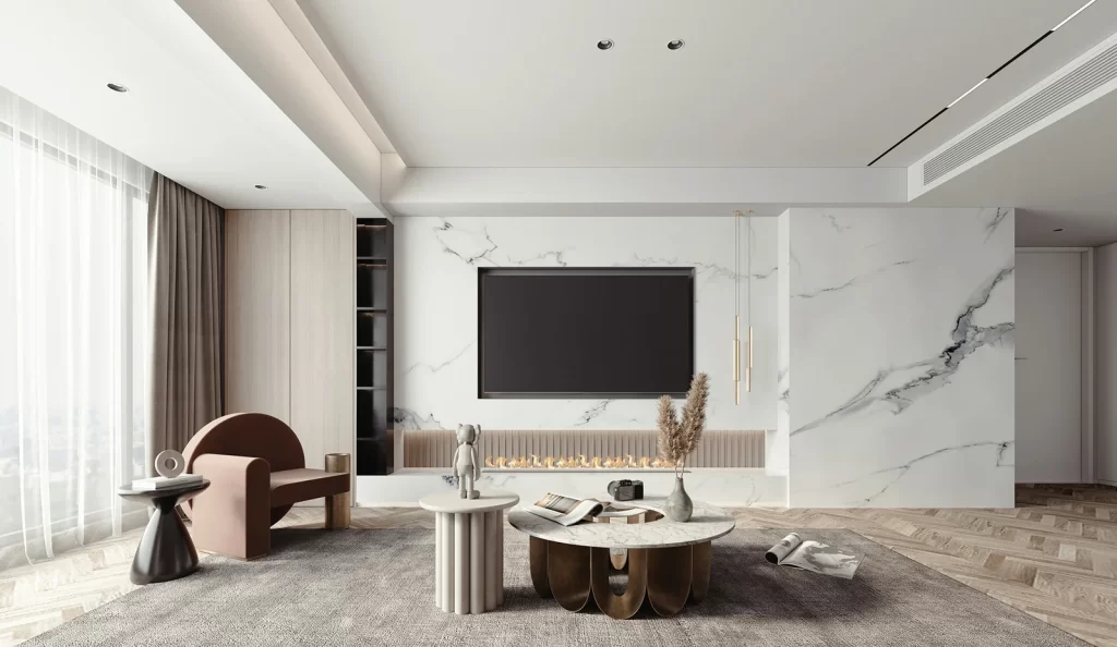 Modern Minimalist Living Room Neutral Marble Fireplace