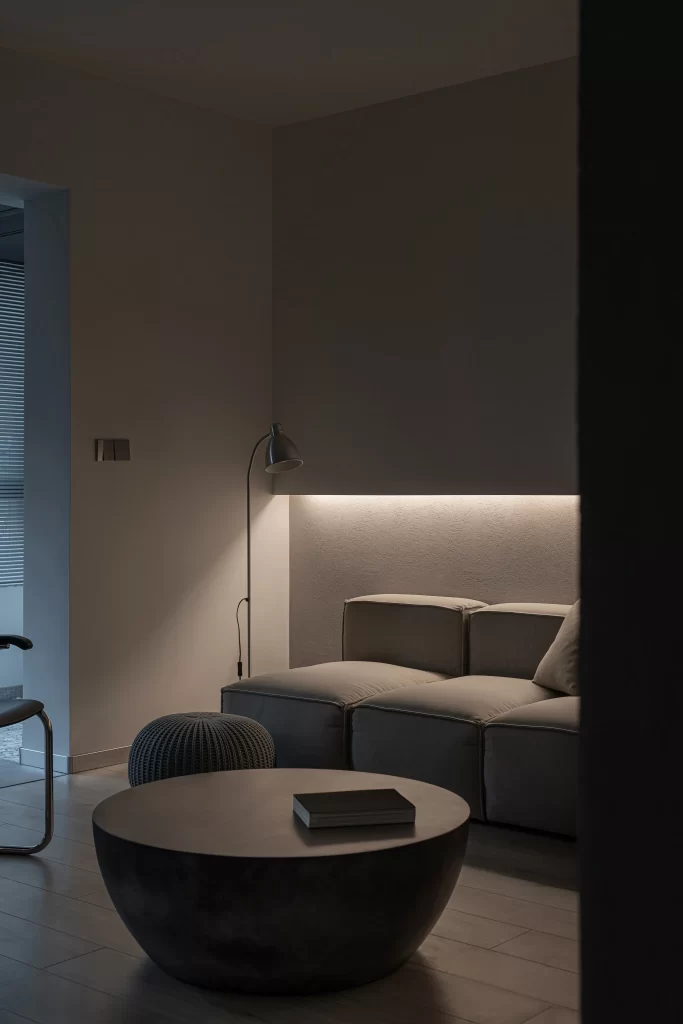 Modern Minimalist Living Room Neutral Soft Lighting Simple Furniture