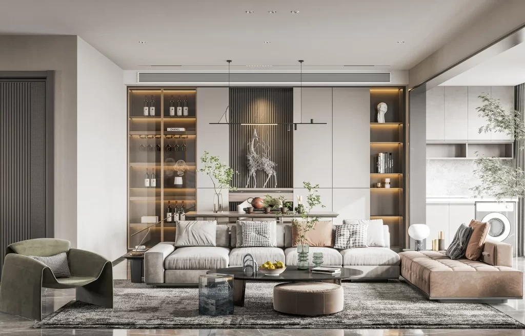 Modern Minimalist Living Room Neutral Tones Black Metal Bookshelf