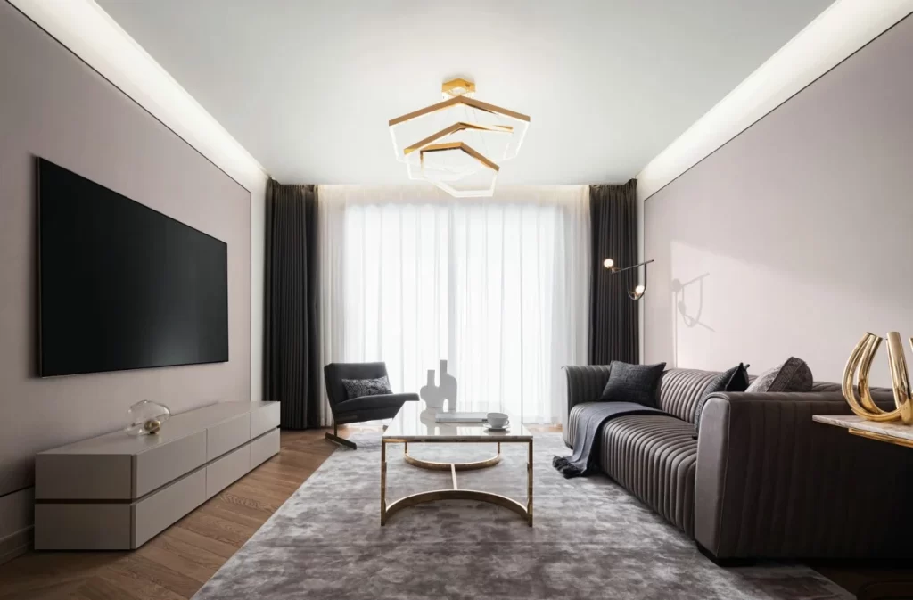 Modern Minimalist Living Room Neutral Tones Gold Accents
