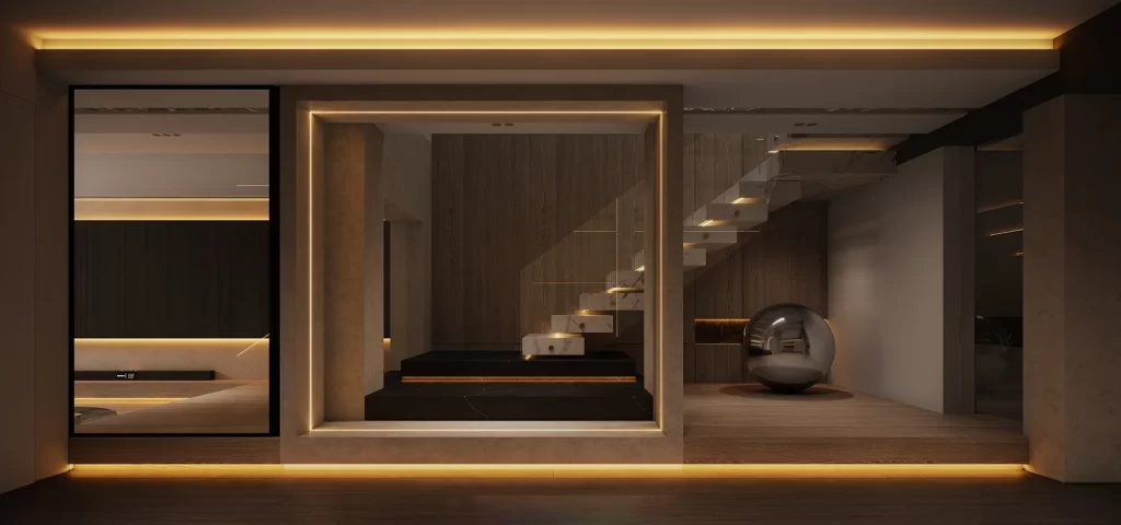 Modern Minimalist Living Room Neutral Warm Lighting