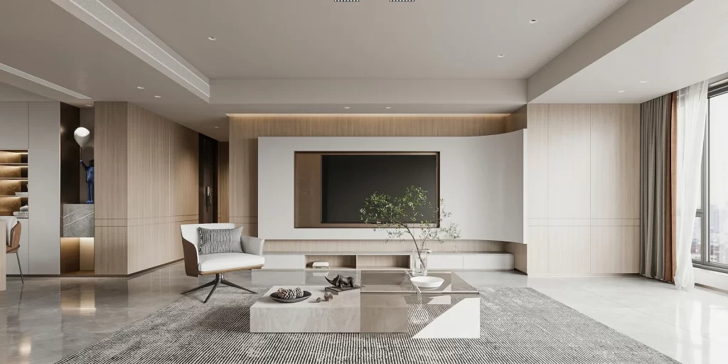Modern Minimalist Living Room Neutral Wood Accents