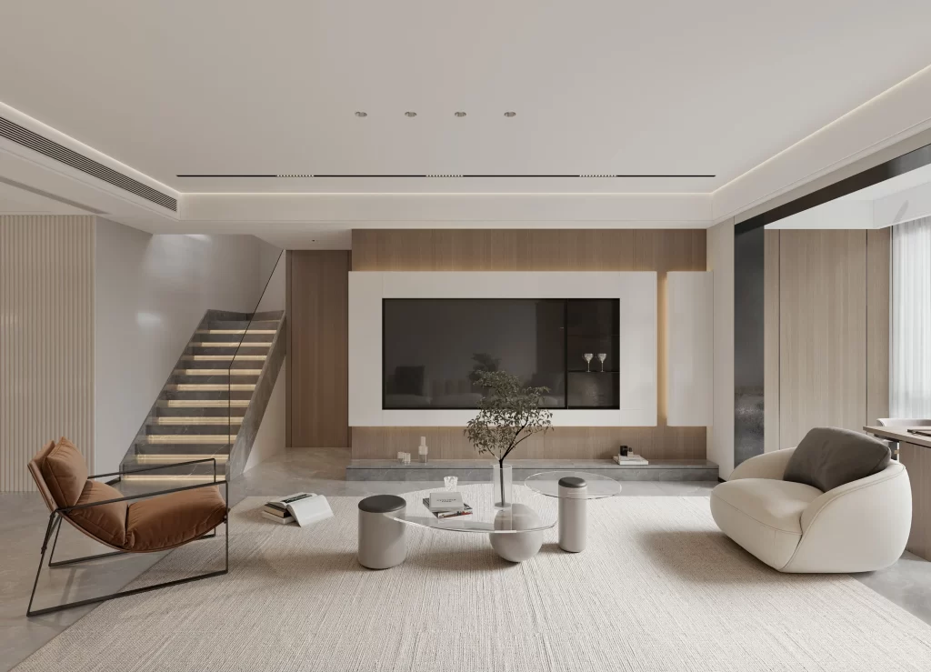 Modern Minimalist Living Room Neutral Wood Accents