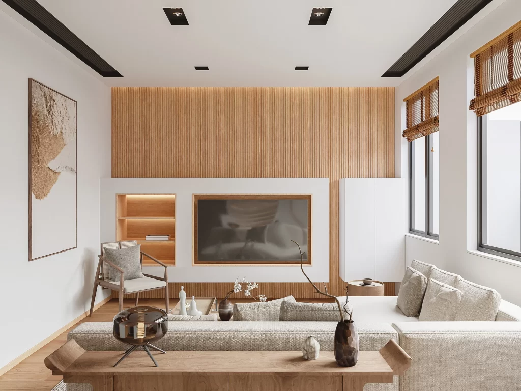 Modern Minimalist Living Room Neutral Wood Accents