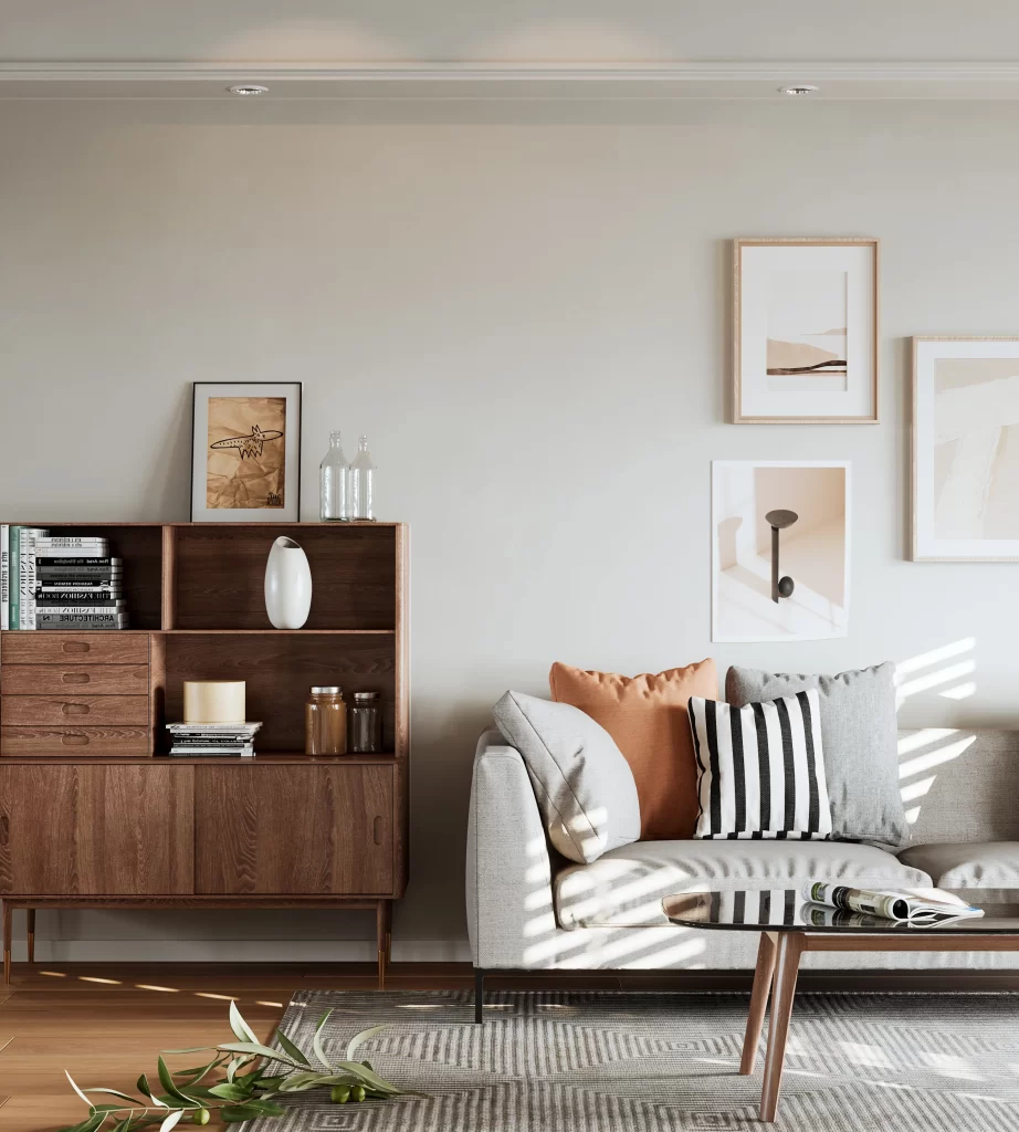 Modern Minimalist Living Room Neutral Wood Accents