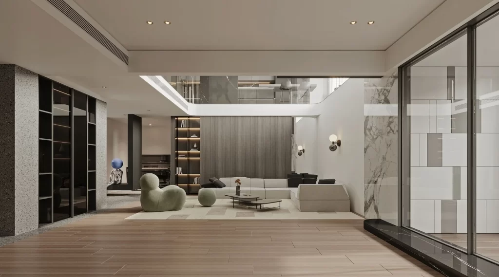 Modern Minimalist Living Room Neutral Wood Marble
