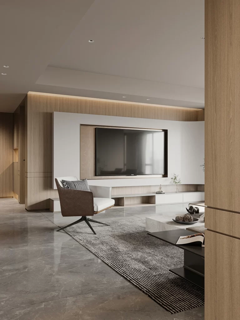 Modern Minimalist Living Room Neutral Wood Tiled Floor