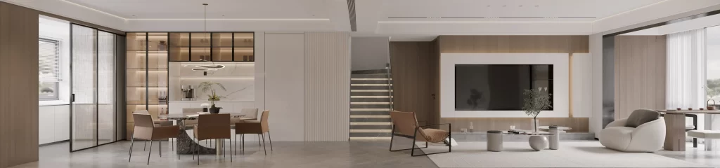 Modern Minimalist Living Room Neutral Wood Tones