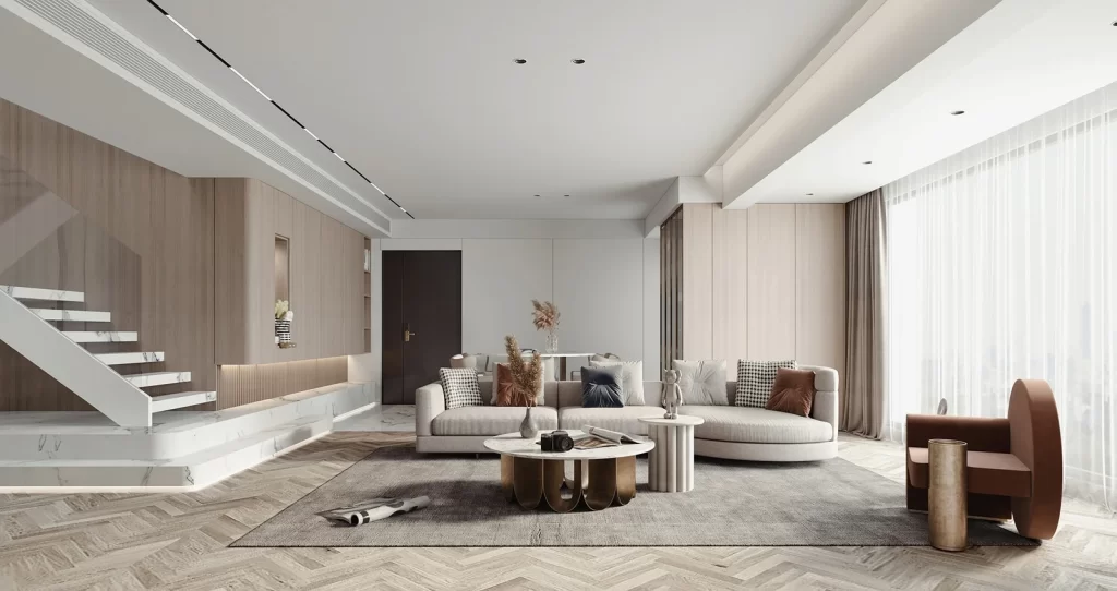 Modern Minimalist Living Room Neutral Wood Tones