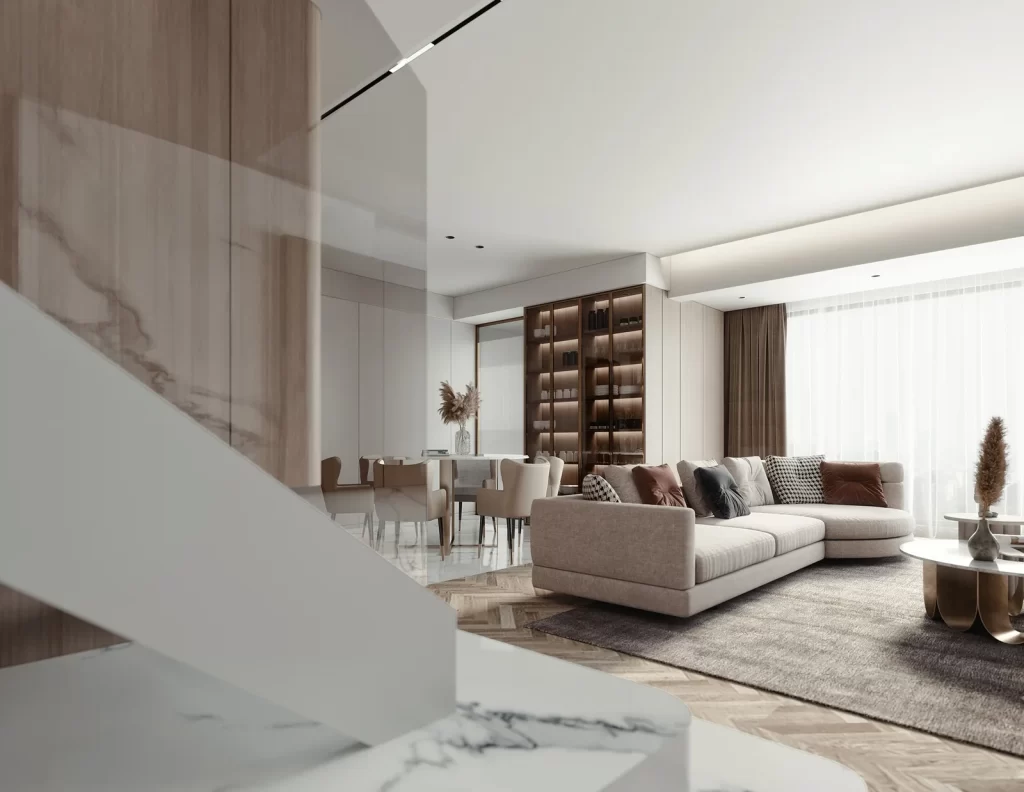 Modern Minimalist Living Room Neutral Wood Tones