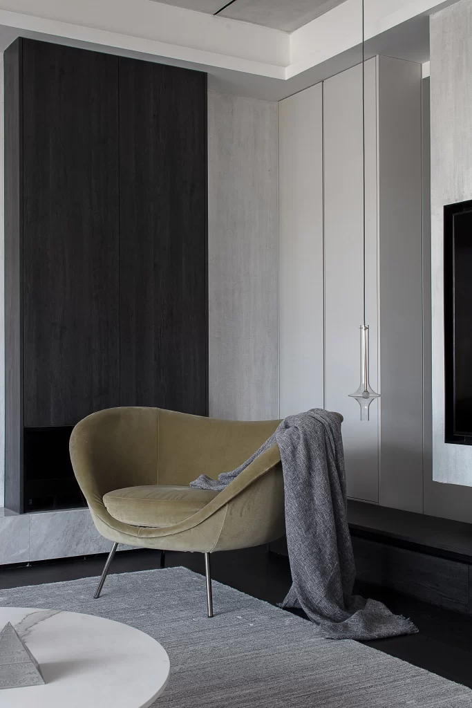 Modern Minimalist Living Room Olive Green Neutral Dark Wood
