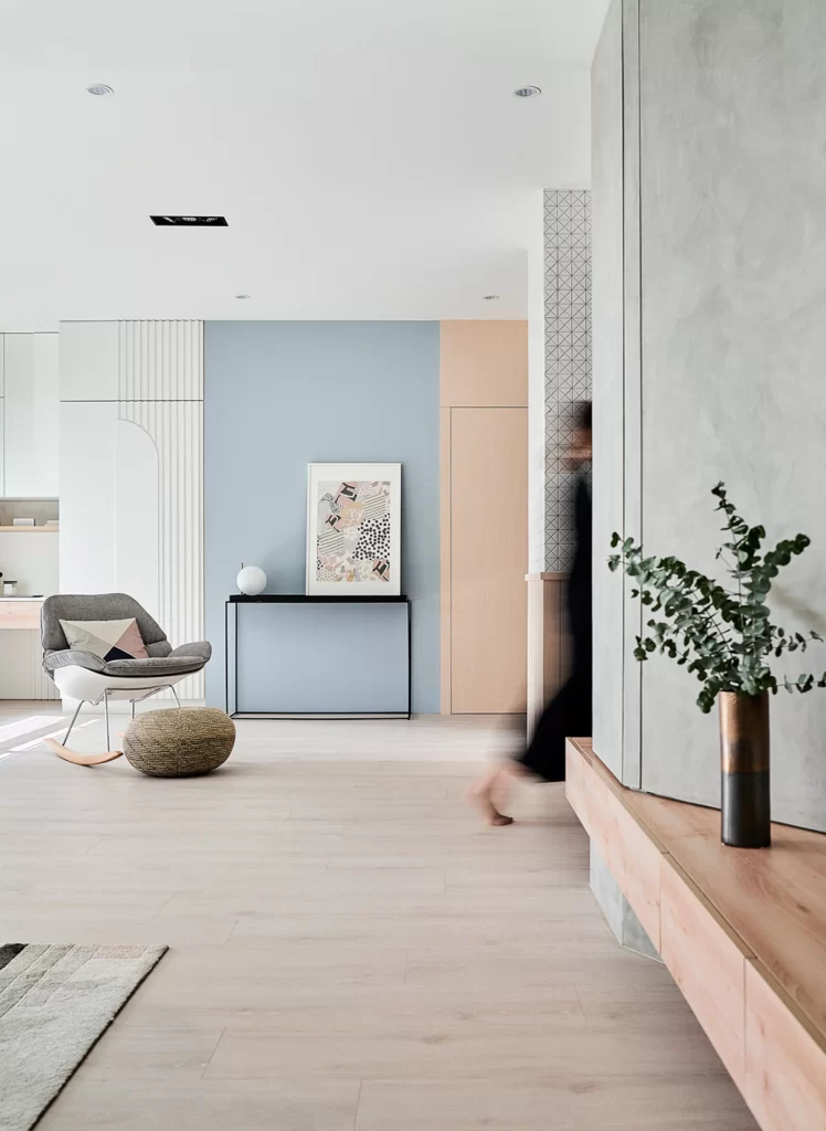 Modern Minimalist Living Room Soft Blue Neutral Light Wood