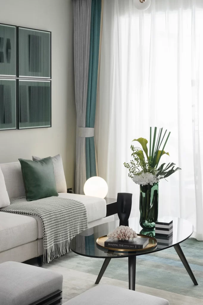 Modern Minimalist Living Room White Green Neutral Glass