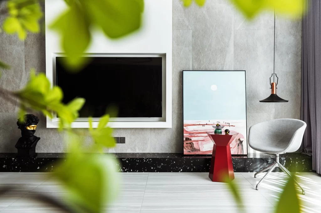 Modern Minimalist Living Room White Grey Black Red