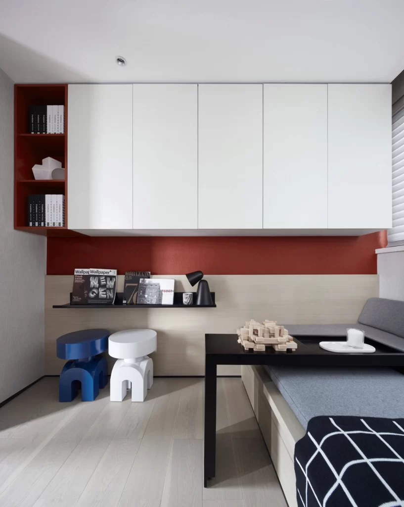 Modern Minimalist Living Room White Red Blue Neutral
