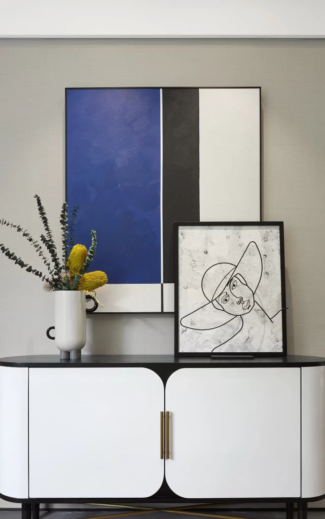 Modern Minimalist Living Space Blue White Black Neutral