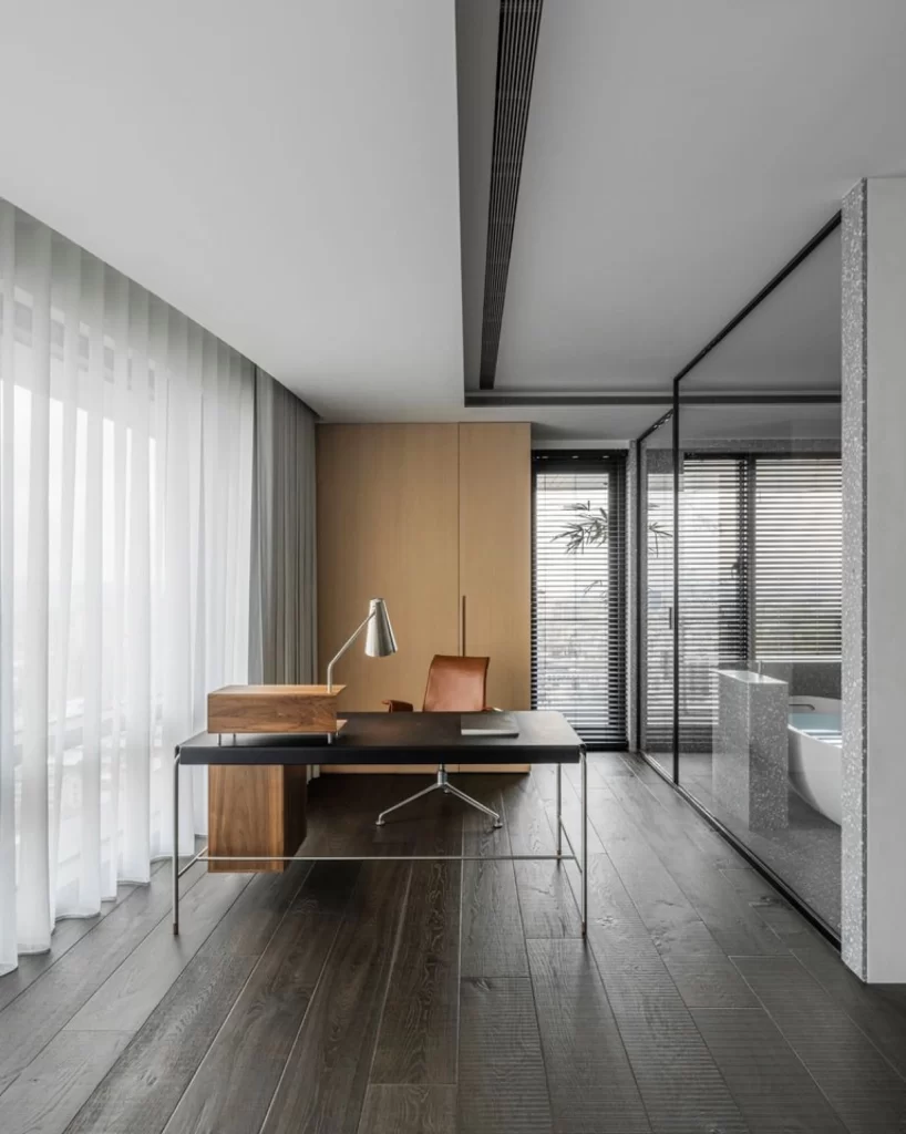 Modern Minimalist Office Neutral Dark Wood Glass Wall