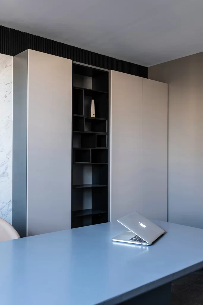 Modern Minimalist Office Neutral Light Grey Open Shelving