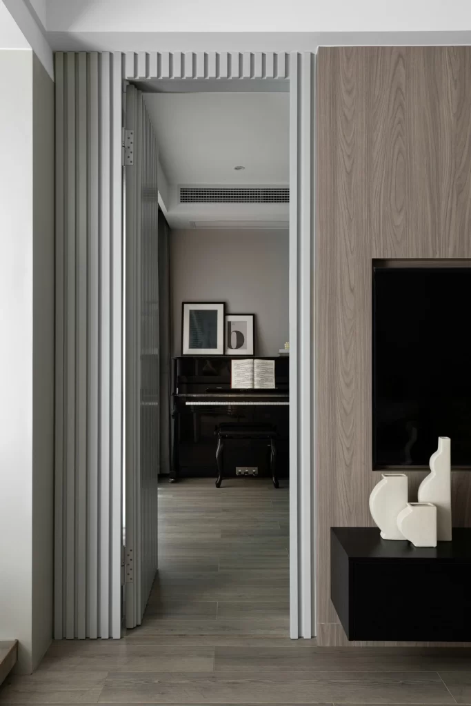 Modern Minimalist Piano Room Neutral Light Wood Black Accents